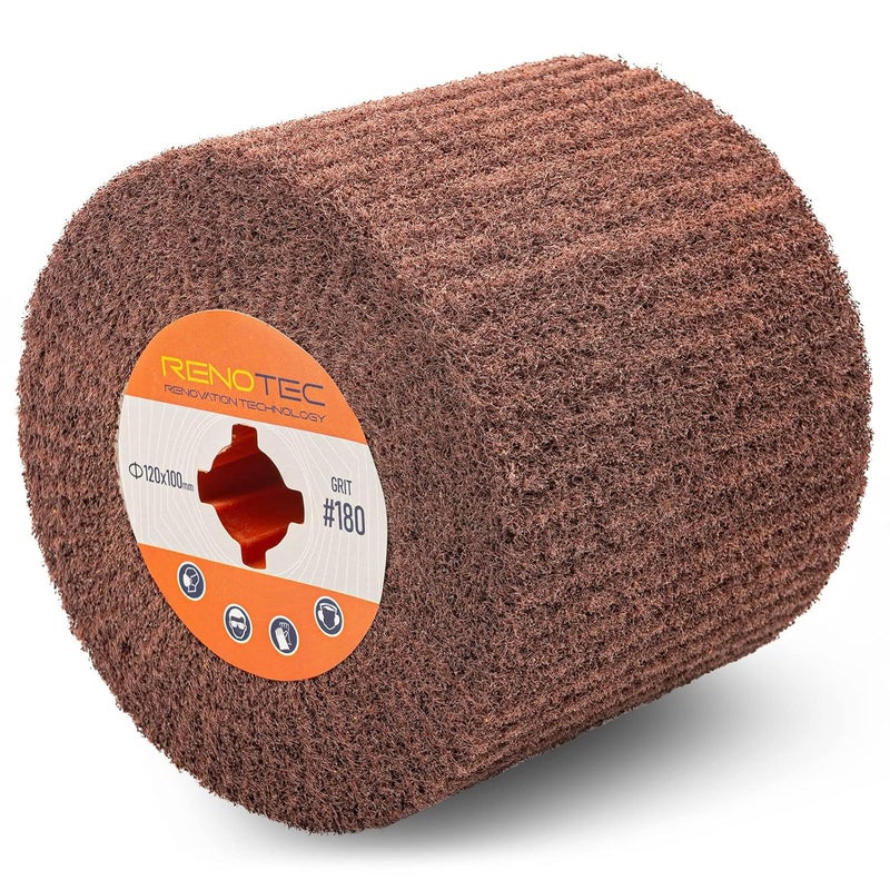 RENOTEC Non-Woven Wire Drawing Flap Wheel, 120x100mm, for Stainless Steel, Copper Satin Finishing and Metal Surface Treatment, SCT Conditioning Buffing Drum for Burnishing Polishing Machine (180 Grit) - Image 1